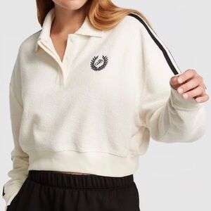 VICTORIA'S SECRET PINK Reverse Fleece Cropped Polo Sweatshirt in Creamer Large L
